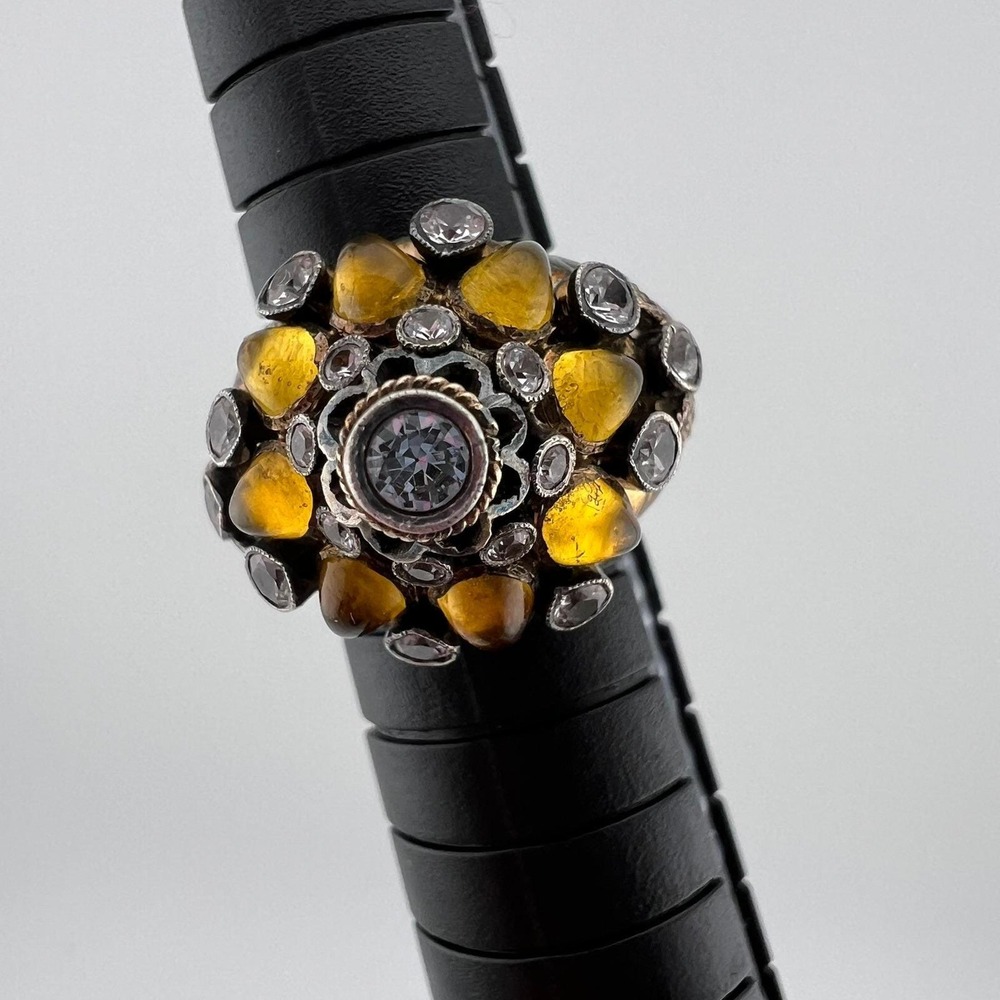 Vintage Thai Harem Ring Amber Color Stones Gold Toned Size 4.75